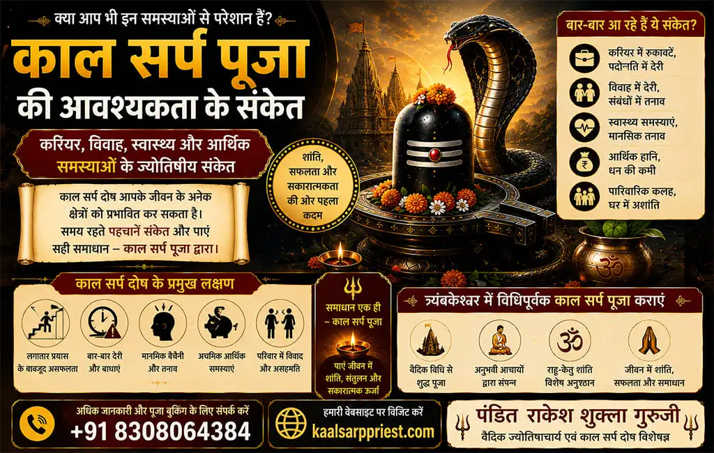 कालसर्प पूजा की आवश्यकता के संकेत – करियर, विवाह, स्वास्थ्य और आर्थिक समस्याओं के ज्योतिषीय संकेत